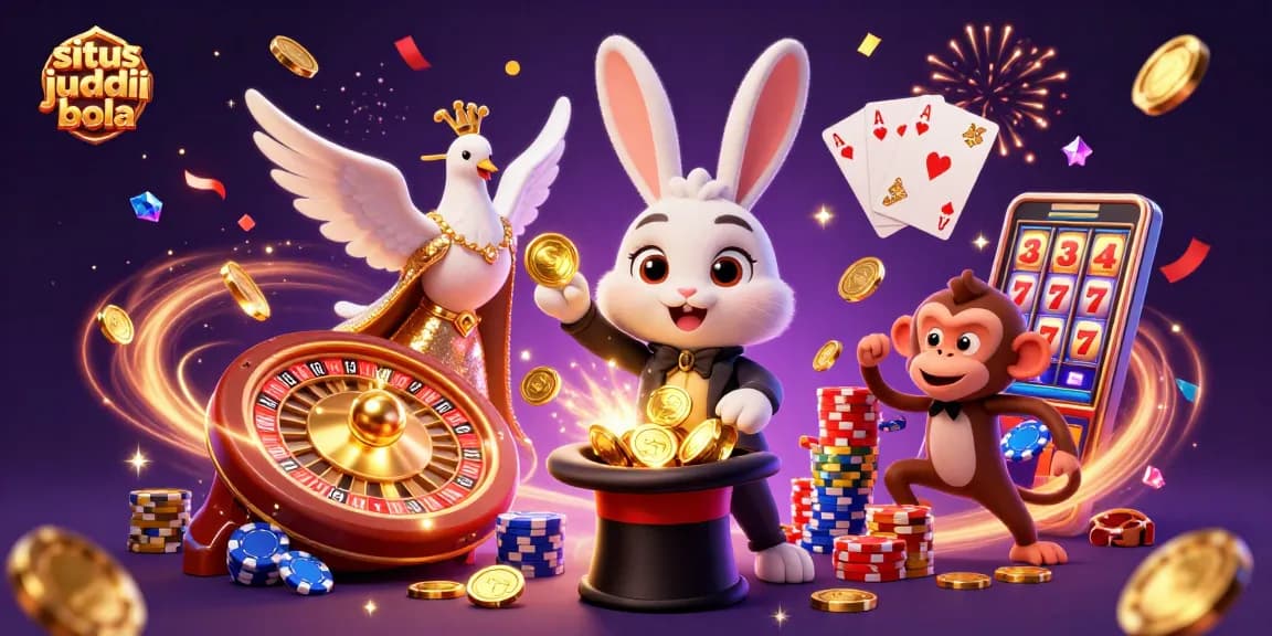 Experience the excitement of situs judi bola with a dynamic 3D scene featuring a magician rabbit, glamorous dove, and monkey amidst shining coins and roulette.