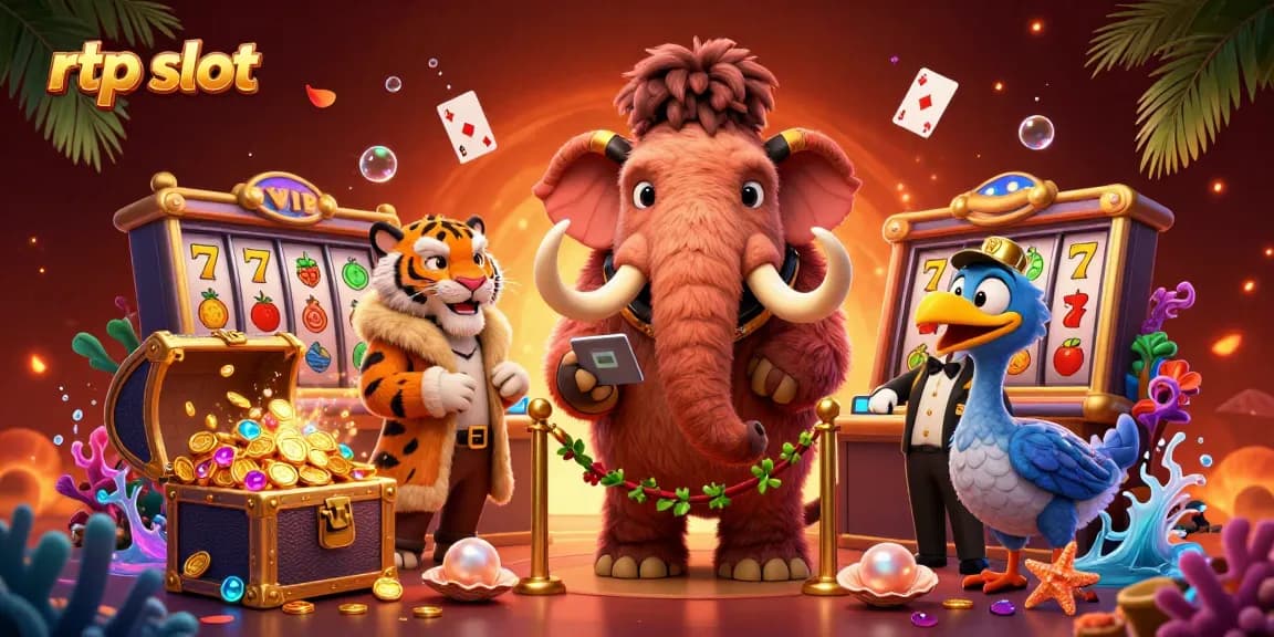 Experience winning RTP slots with a vibrant casino scene featuring a woolly mammoth bouncer and treasures.