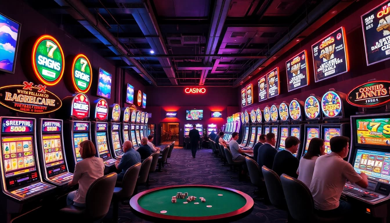 SLOT365 LOGIN di ruang permainan kasino dengan mesin slot yang cerah dan pemain yang terlibat.