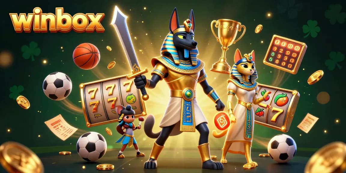 Winbox gaming scene featuring Anubis and Bastet in a vibrant, dynamic casino atmosphere with slot elements.