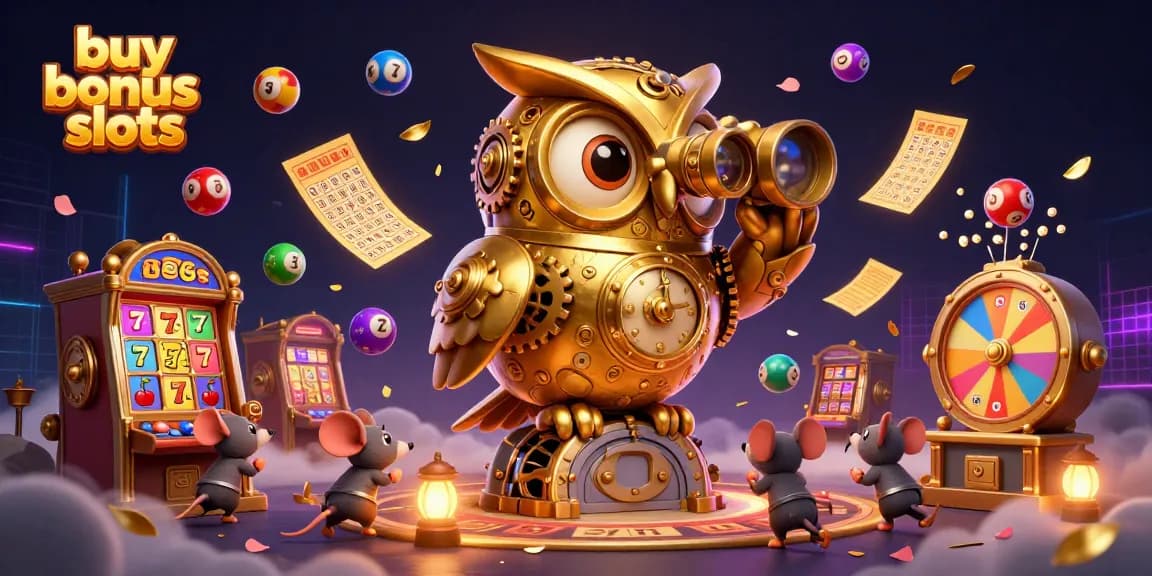 Engage with buy bonus slots featuring a mechanical owl amid vibrant casino elements and lively atmosphere.