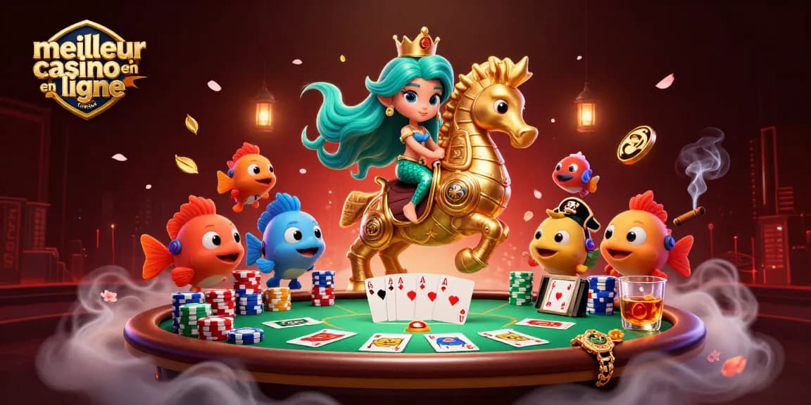 Vivez l'excitation au meilleur casino en ligne France avec une aventure sous-marine parmi des personnages colorés et des éléments de casino.