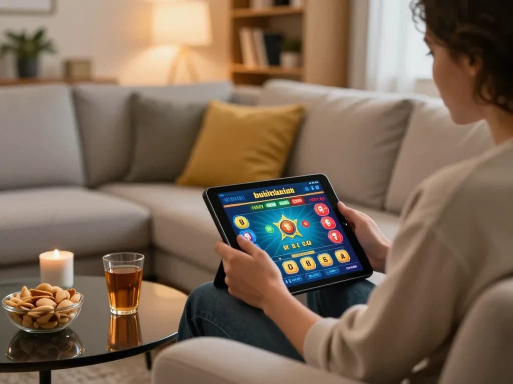 Engaging tablet gameplay in home setting highlighting casino esteri per italiani, showcasing vibrant online gambling experience.