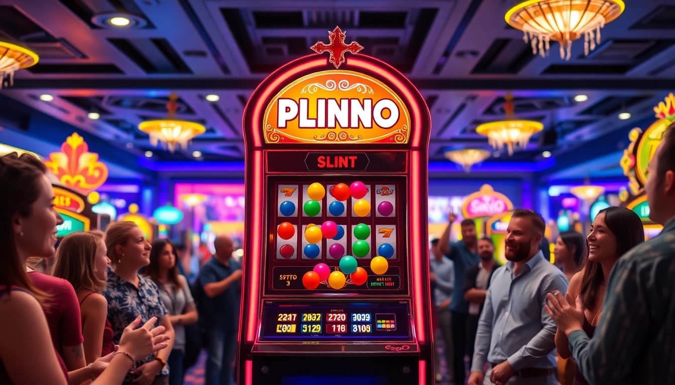 Menangkan permainan plinko slot saat bola jatuh di mesin slot yang berwarna-warni.
