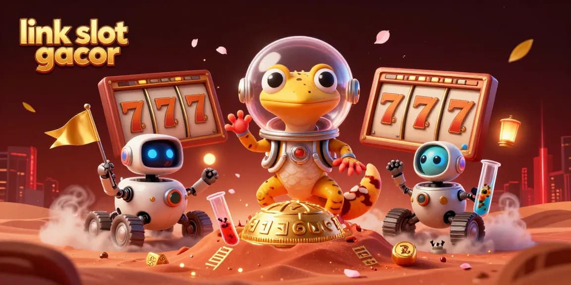 Engage with the thrilling link slot gacor through an energetic scene featuring a Martian gecko and casino elements.