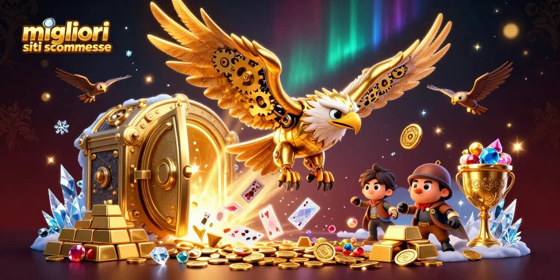 Scopri i migliori siti scommesse con il simbolo dell'aquila e carte da gioco in una scena trionfante.