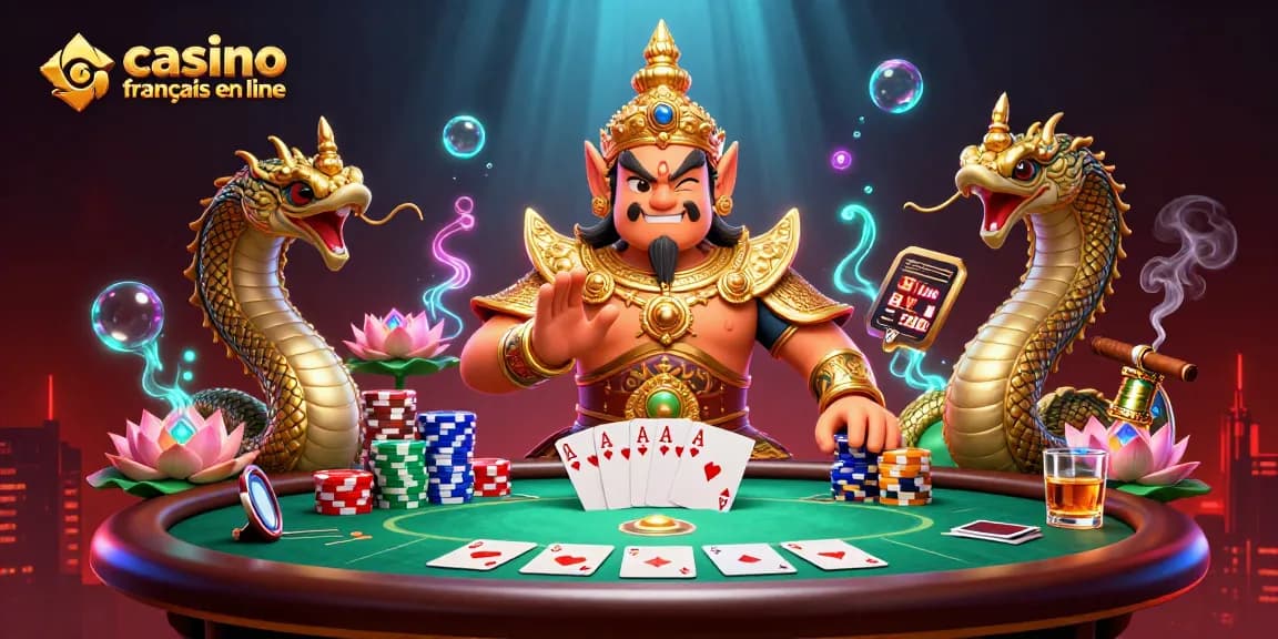 Jouez à des jeux au casino français en ligne avec des gardiens sacrés et des jetons colorés.