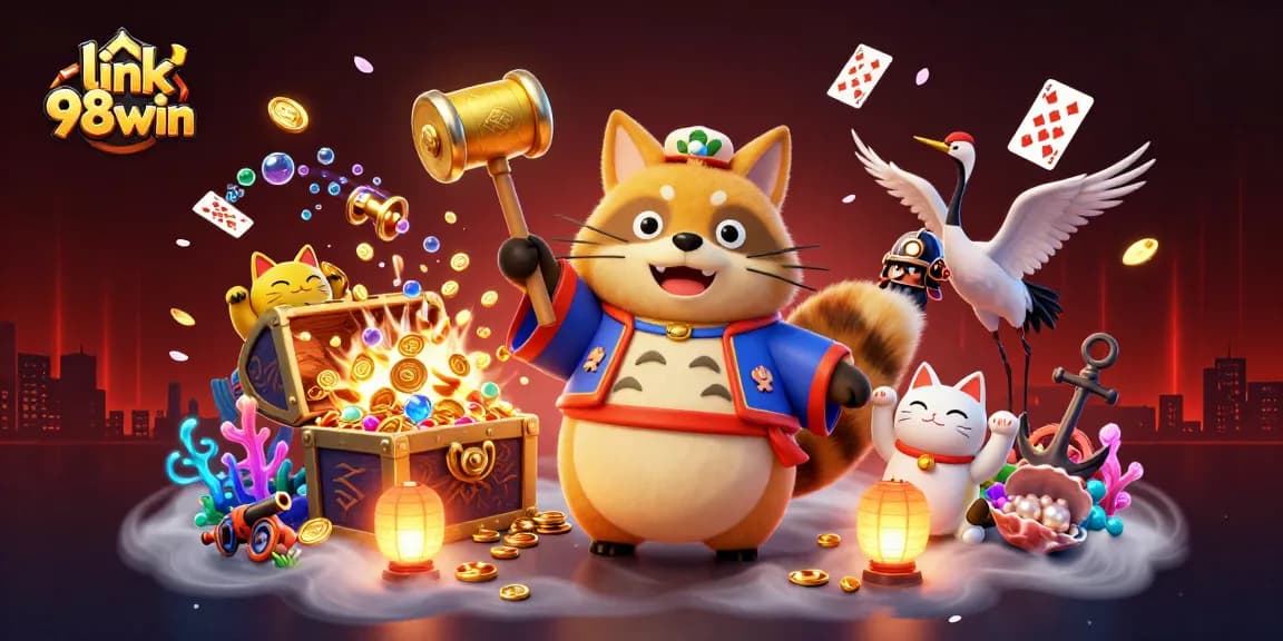 Experience excitement with link 98win's vibrant casino adventure featuring colorful characters and treasure-filled backgrounds.