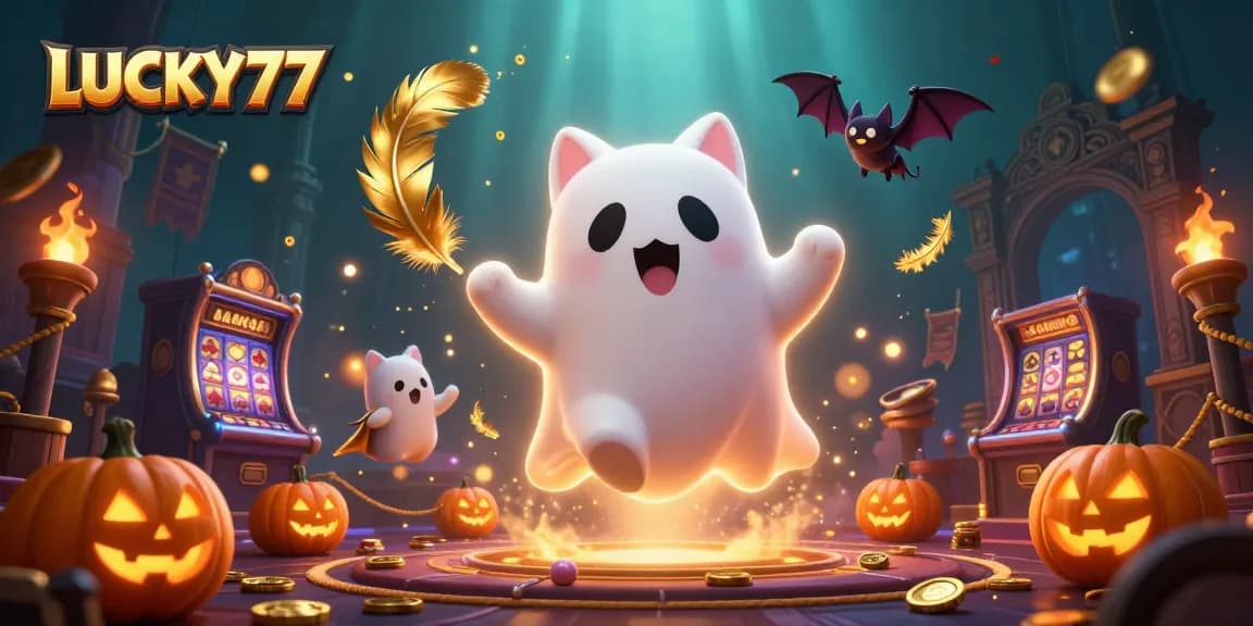 Experience winning moments with LUCKY77 featuring a ghost cat in a haunted casino.
