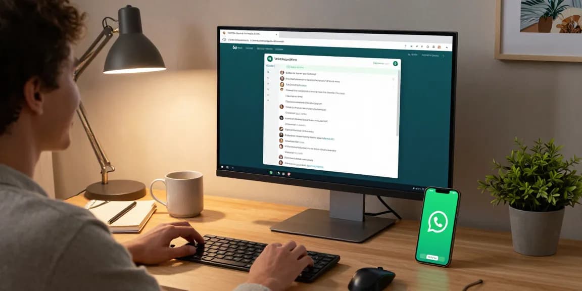 User interacting with WhatsApp電腦版 in a modern home office setting, showcasing productivity and tech essentials.