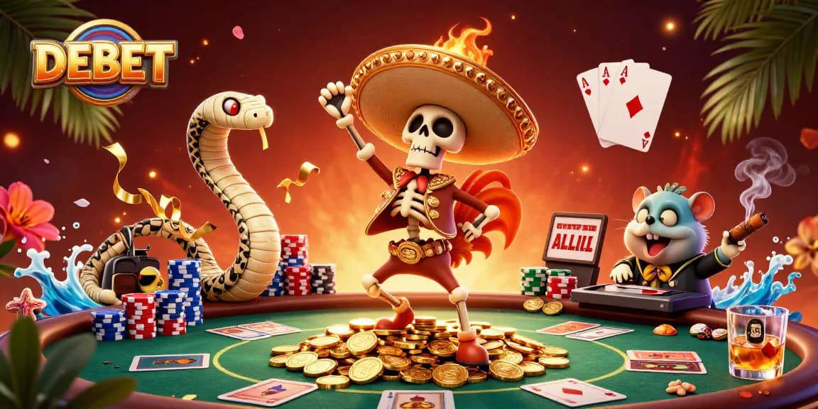 DEBET celebrates victory with a vibrant 3D casino scene featuring lively characters and poker elements.