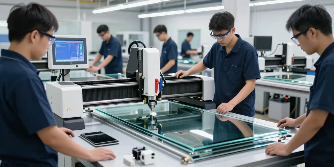 Technicians using cutting machine glass in a modern glass processing workshop.