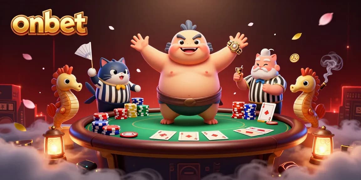 Experience the exciting world of onbet with a vibrant underwater poker scene featuring a fugu and seahorse spectators.