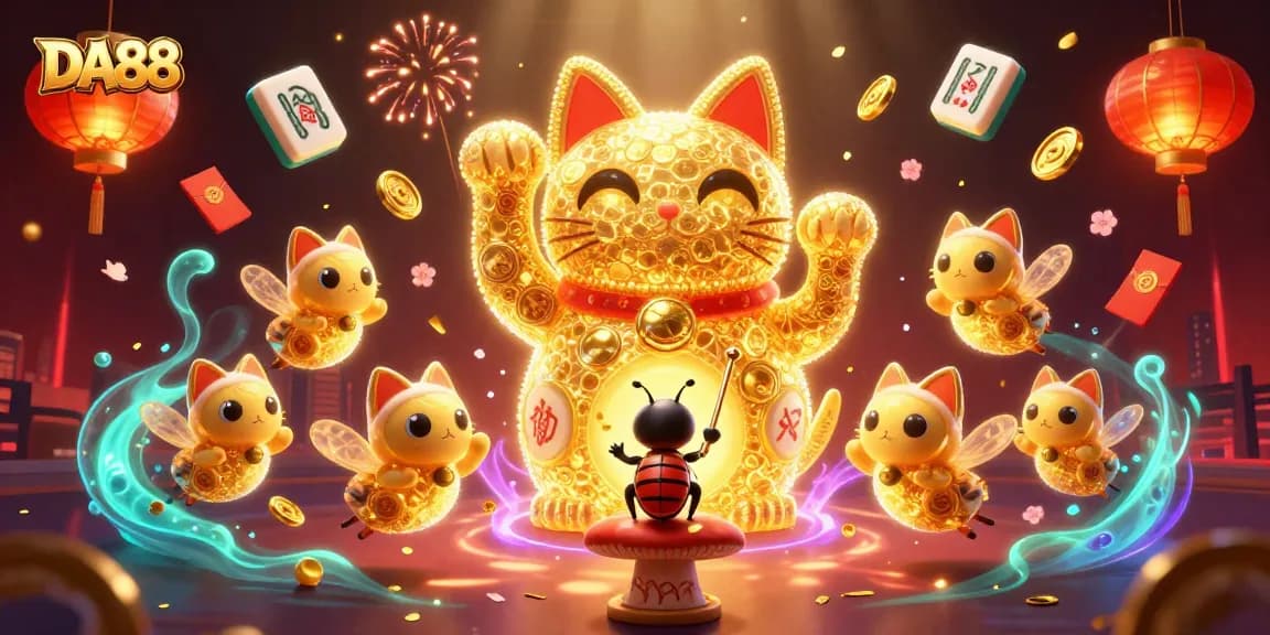 Experience the thrill of DA88 with vibrant casino scenes featuring a lucky cat and golden fireflies.