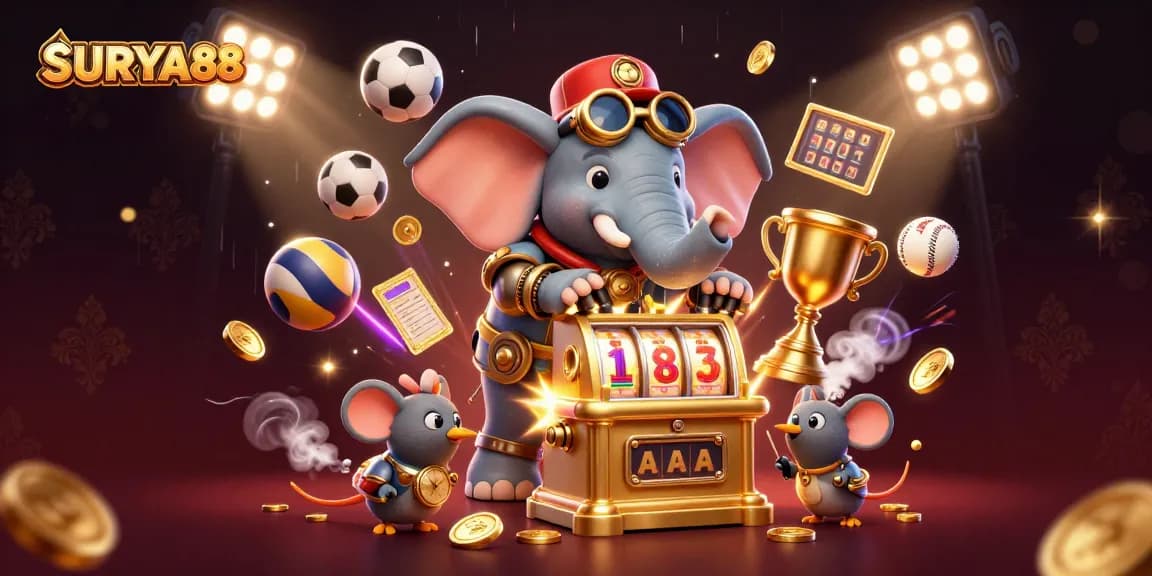 SURYA88 captivates players with an energetic steampunk scene of animated characters engaging with slot machines and sports.