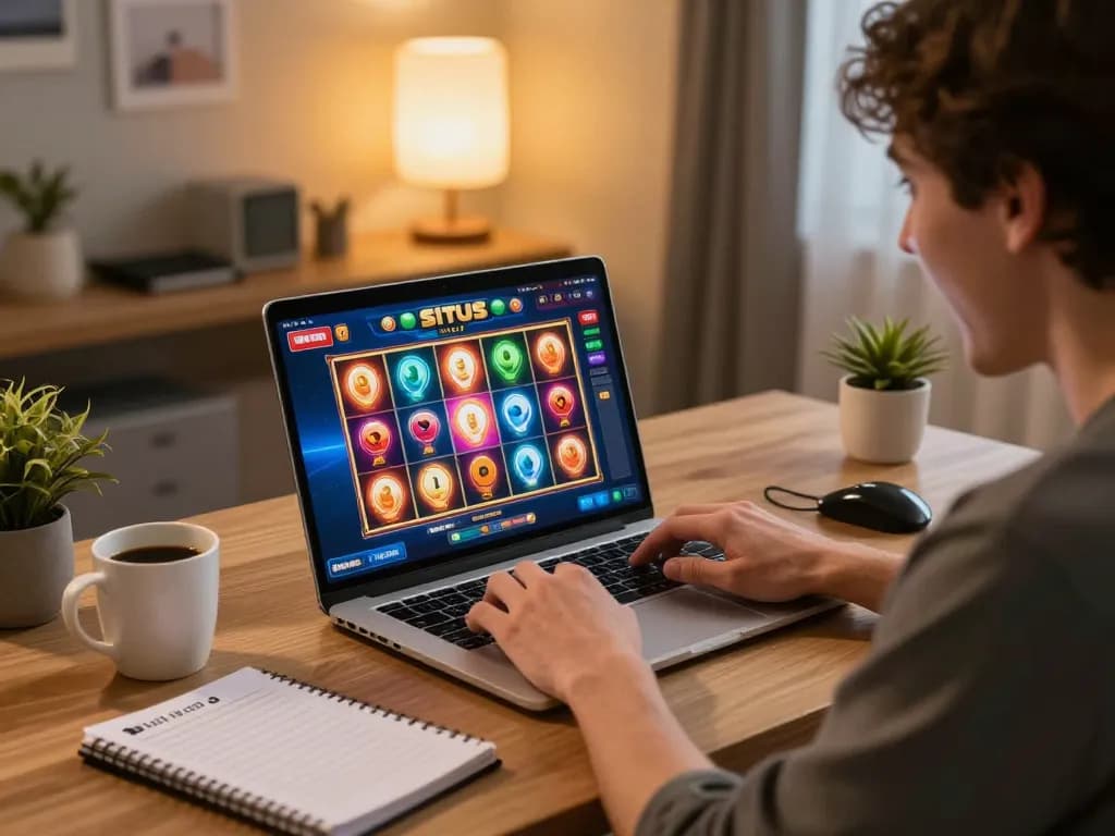 Situs slot gaming excitement with player engaged at home gaming setup, vibrant interface displayed.