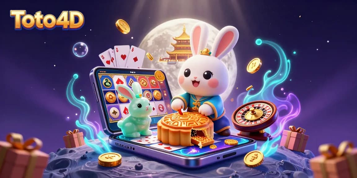Toto 4D scene featuring an enchanting moon rabbit, poker chips, and a vibrant slot game, illustrating winning possibilities.
