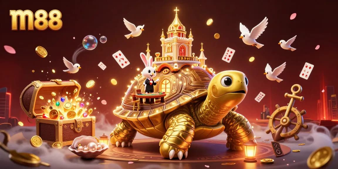 Experience the excitement of m88's online gaming with a colorful casino illustration featuring characters and elements.