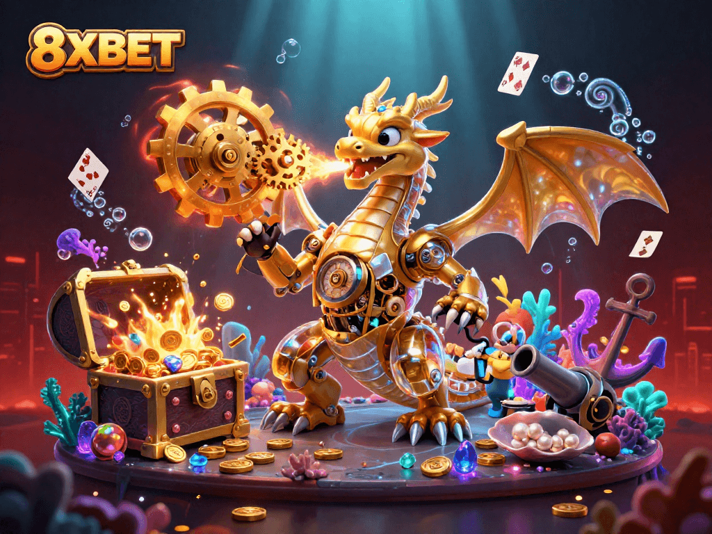 8XBET offers an adventure with a golden dragon, dynamic casino elements, and an engaging underwater theme.
