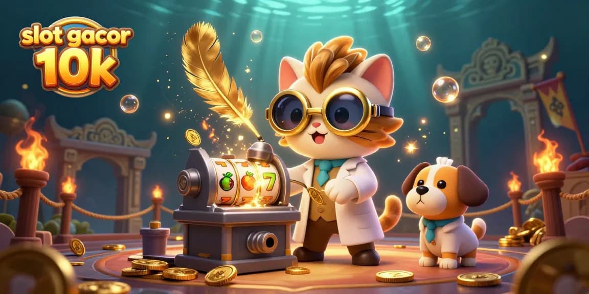 Engage with slot gacor 10k in this richly detailed scene featuring a mad scientist cat and lab assistant in a casino-inspired environment.