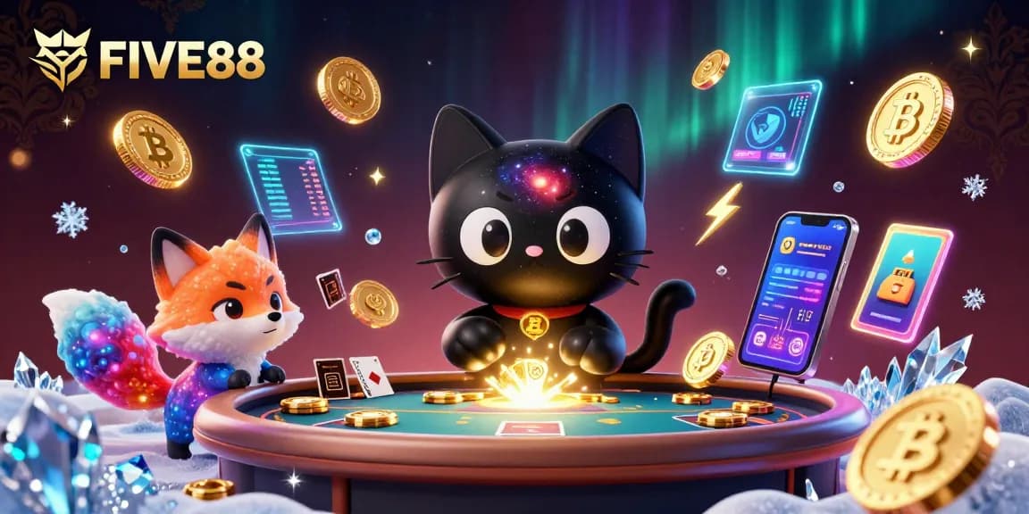 Engage with FIVE88's lively cosmic casino scene featuring vibrant characters and Bitcoin elements.