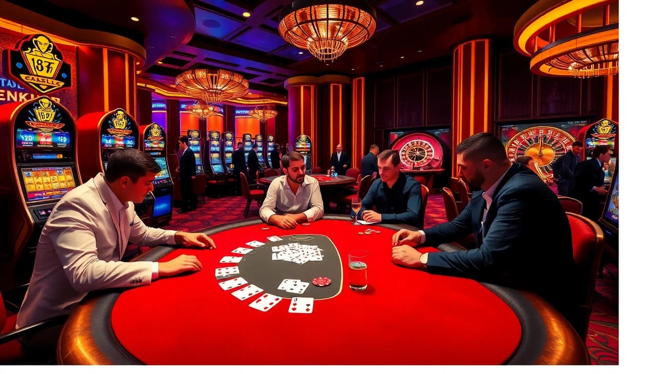 Experience thrilling poker action at shbet's high-stakes casino table surrounded by vibrant slots.