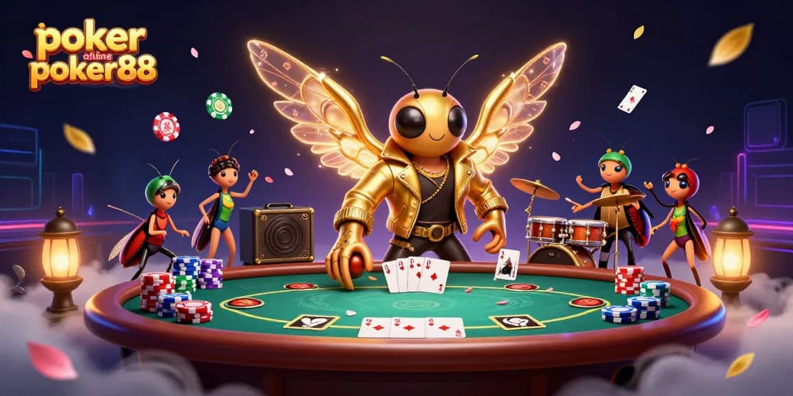 Experience the excitement of poker online poker88 with a vibrant 3D scene featuring animated characters, dynamic poker elements, and a lively atmosphere.
