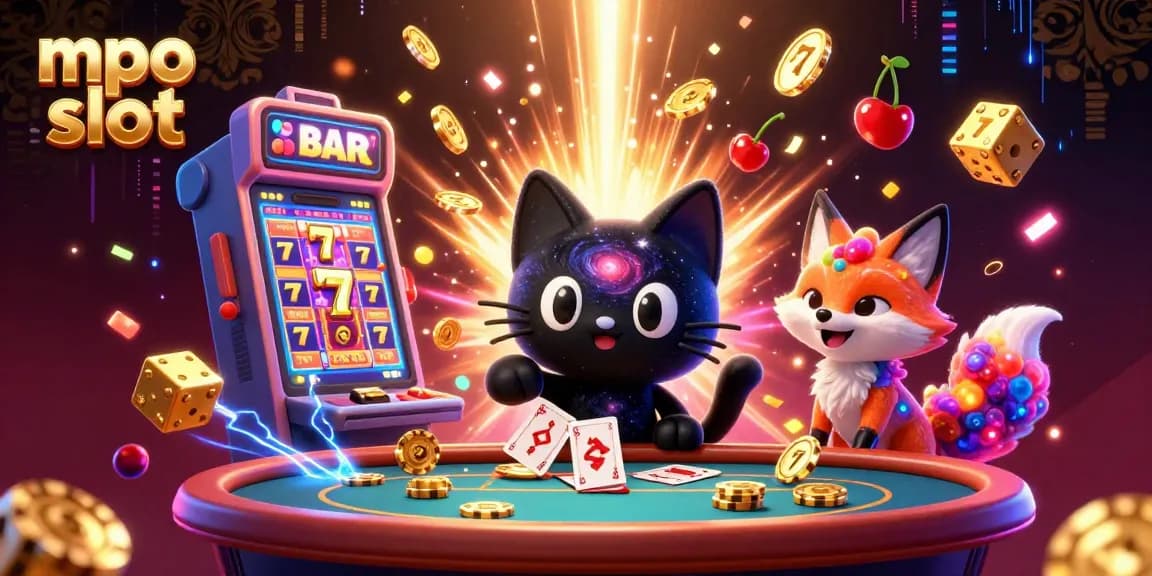 Engage with mpo slot's captivating cosmic casino scene featuring a black hole cat and colorful elements.