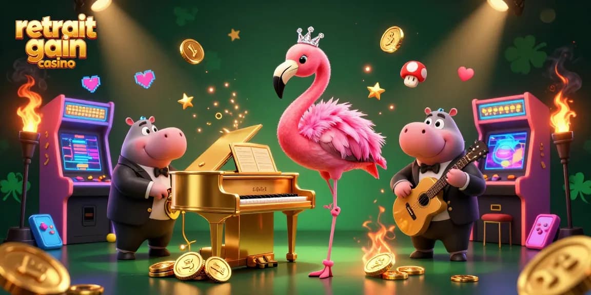 Retrait gain casino : machines à sous colorées et ambiance festive avec des personnages animés.