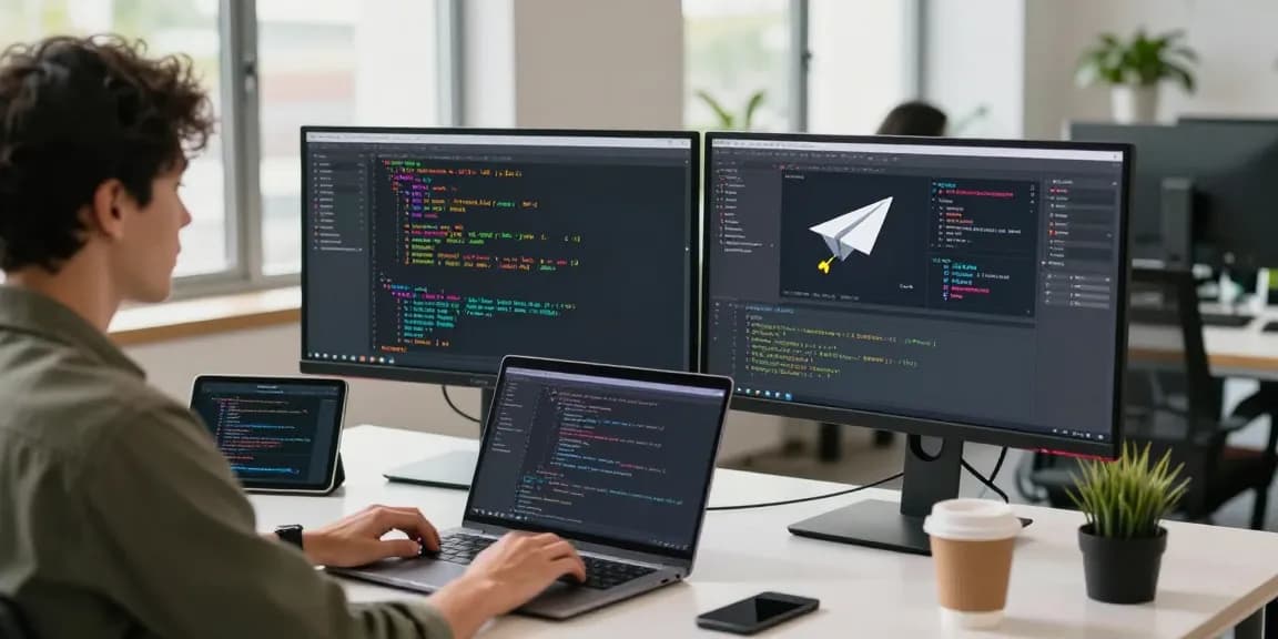 Developer coding for 纸飞机中文版 app at a modern workspace with dual monitors and natural light.