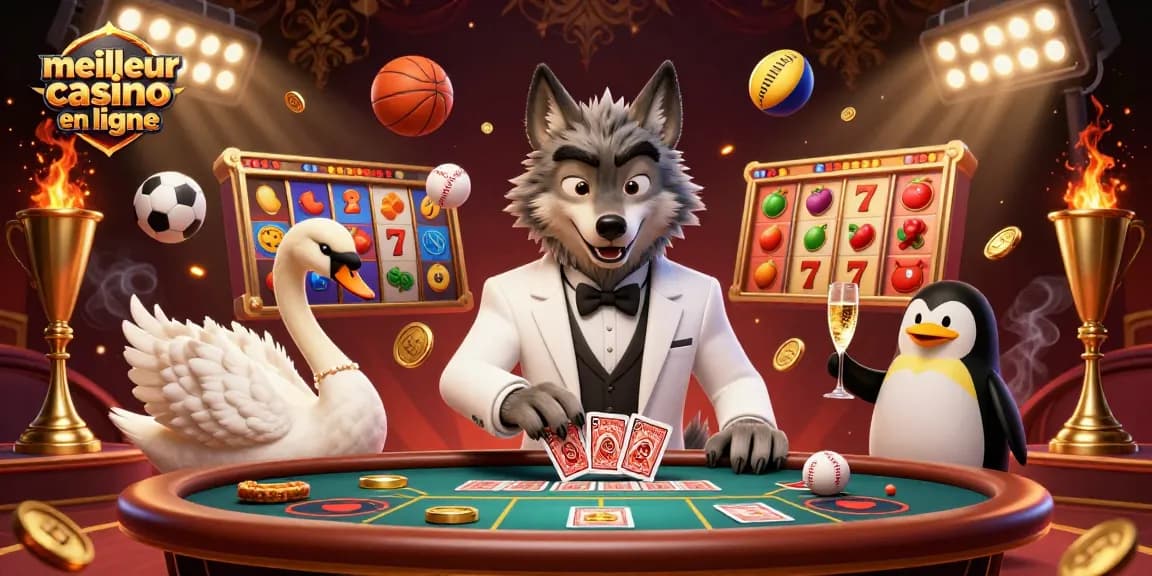 Vivez des jeux de premier ordre au meilleur casino en ligne avec une illustration 3D animée de personnages et d'éléments de jeu dynamiques.