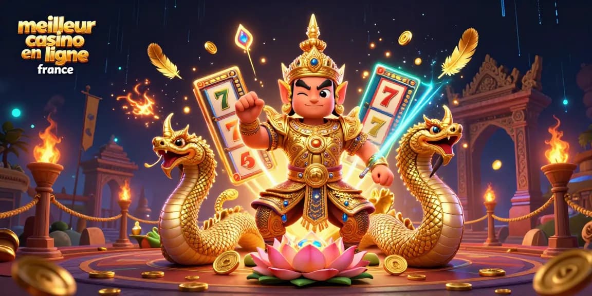 Participez à l'excitation du meilleur casino en ligne en France avec des éléments dorés captivants et des symboles de jeu dynamiques.