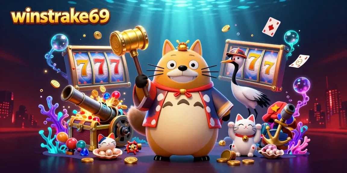 Experience excitement at winstrike69 with a cheerful tanuki, vibrant casino elements, and colorful party atmosphere.