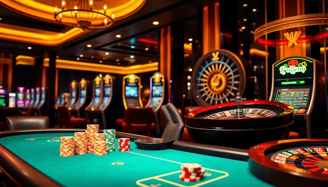 Une scène passionnante de jeux d'argent en ligne mettant en avant le casino en ligne argent réel avec des machines à sous vibrantes et des jetons de poker.