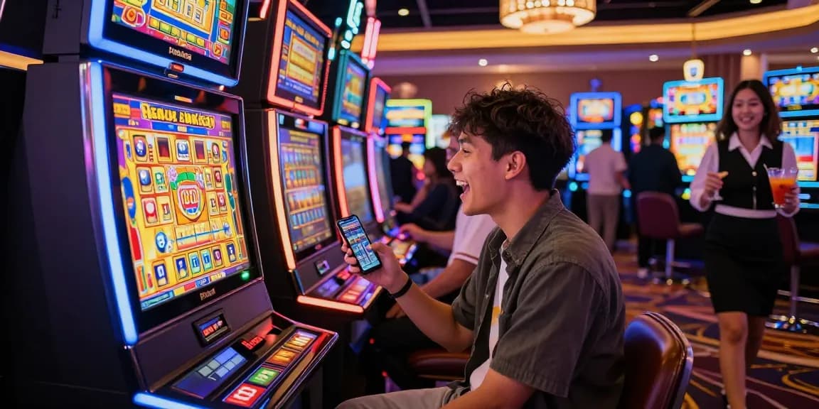 Excited player engaging with the rokok88 slot machine in a vibrant casino, showcasing colorful lights and lively atmosphere.