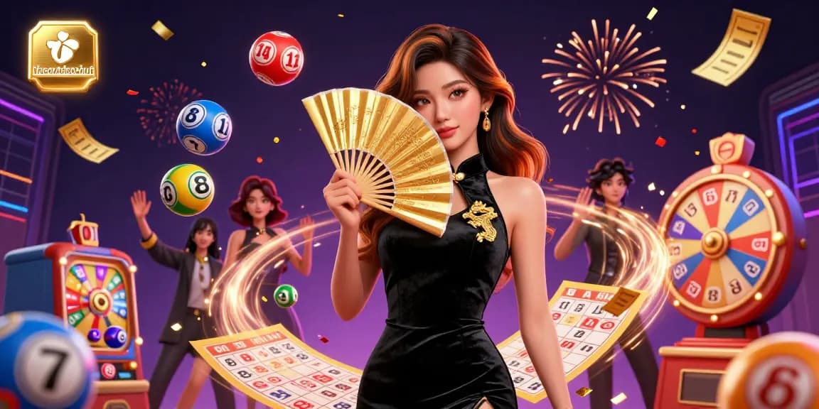 Theoutdoorhut showcases vibrant lottery elements, with a stunning Asian woman at the center amid balloons and confetti.