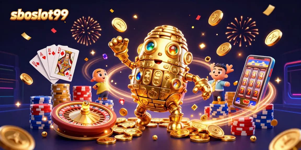 Experience thrilling gameplay at sboslot99 with a spectacular golden golem and casino motifs!