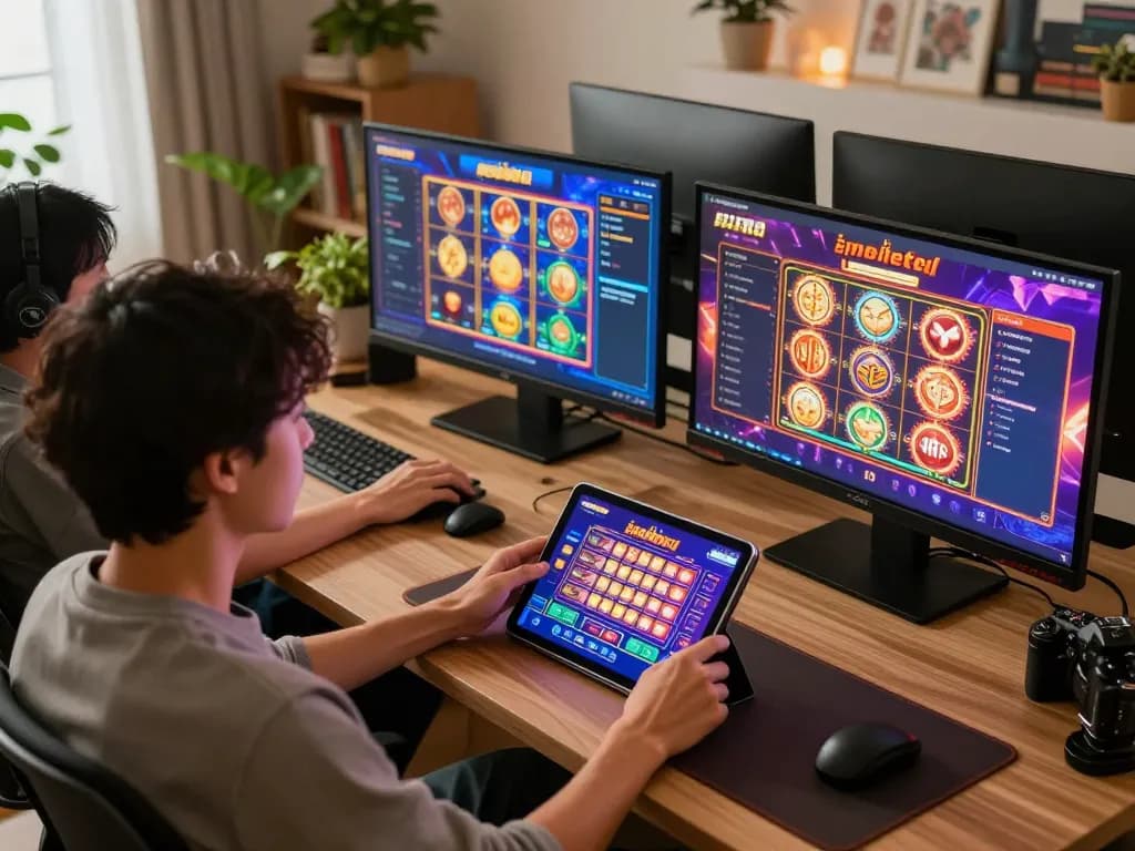 Experience สล็อต888 in a vibrant online casino setup, with a player engaging on multiple screens for immersive gameplay.