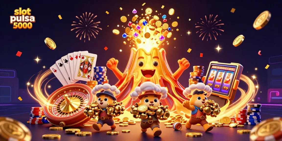 Mainkan slot pulsa 5000 dengan karakter kartun animasi di dunia kasino yang megah.