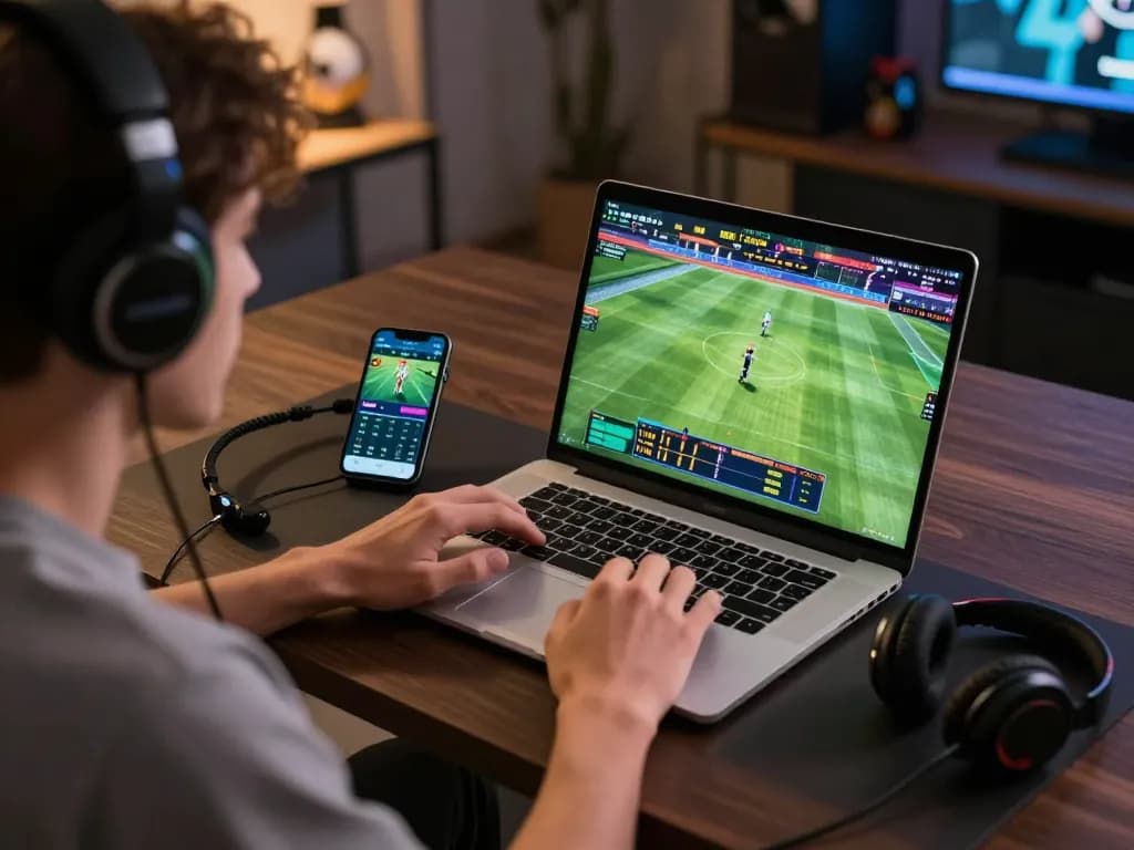 Engaged player placing bets on 8kbet sports betting platform from modern gaming setup