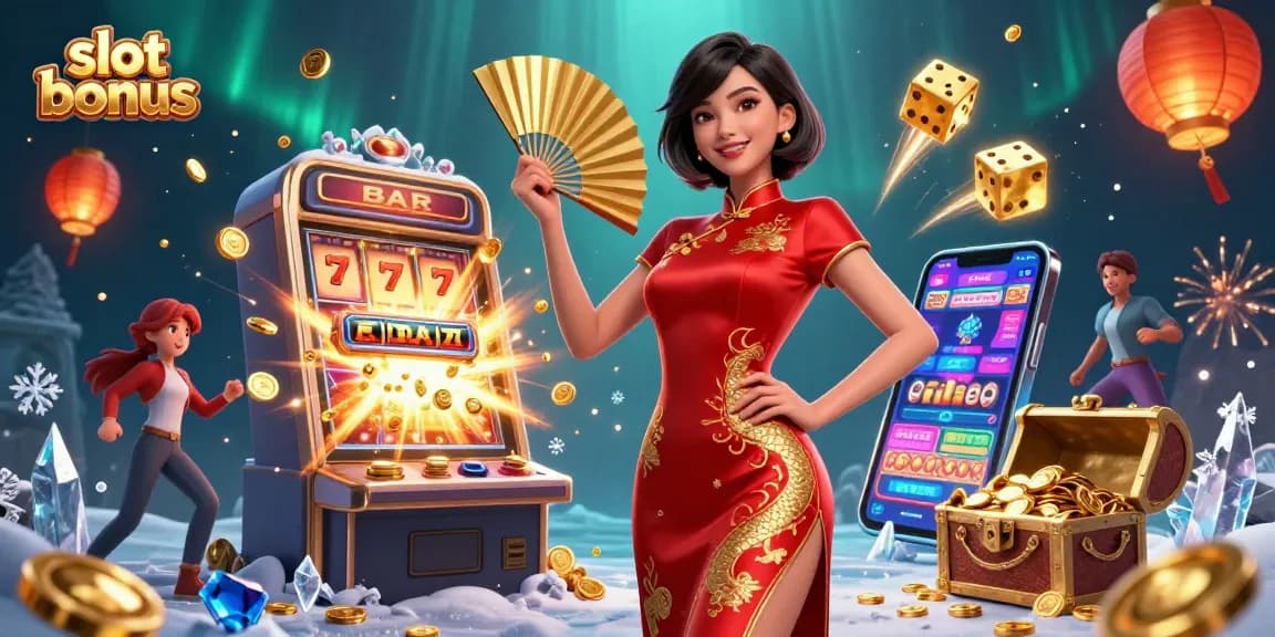 Play slot bonus games with a vibrant Asian lady in a dynamic casino scene filled with coins.
