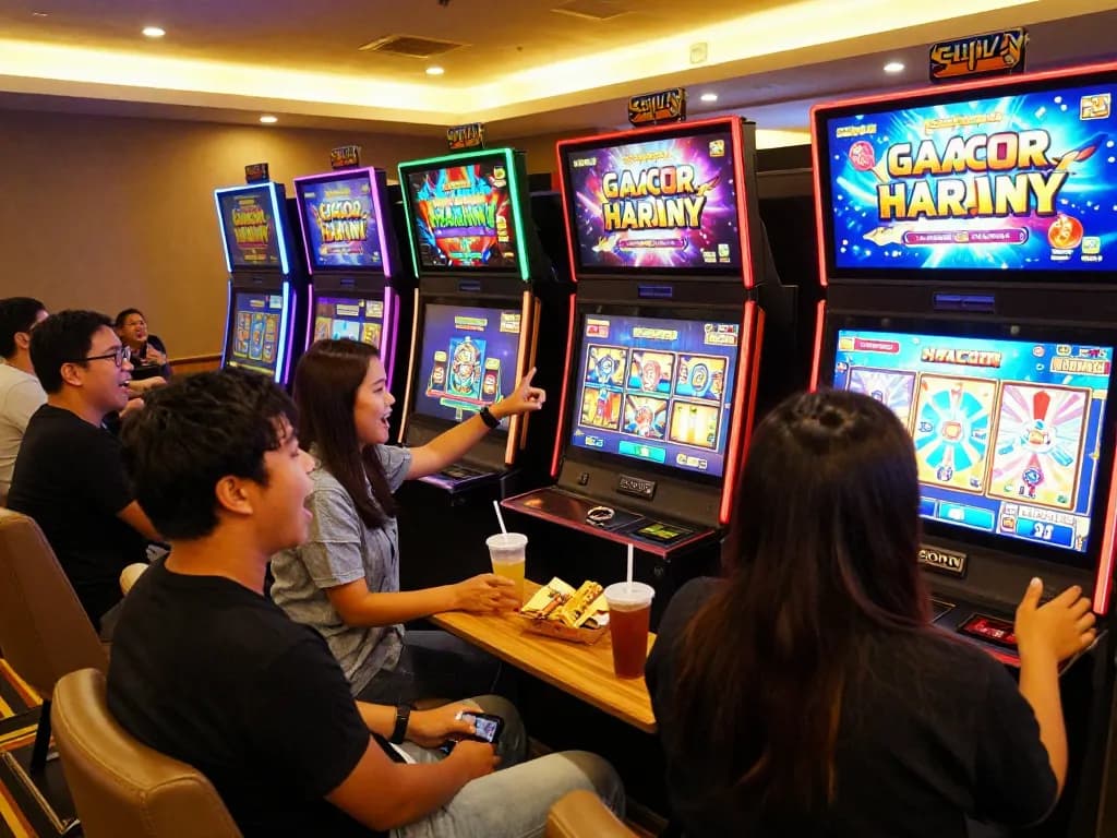 Pemain yang bersemangat terlibat dengan permainan slot gacor hari ini terbaru di ruang perjudian online yang hidup