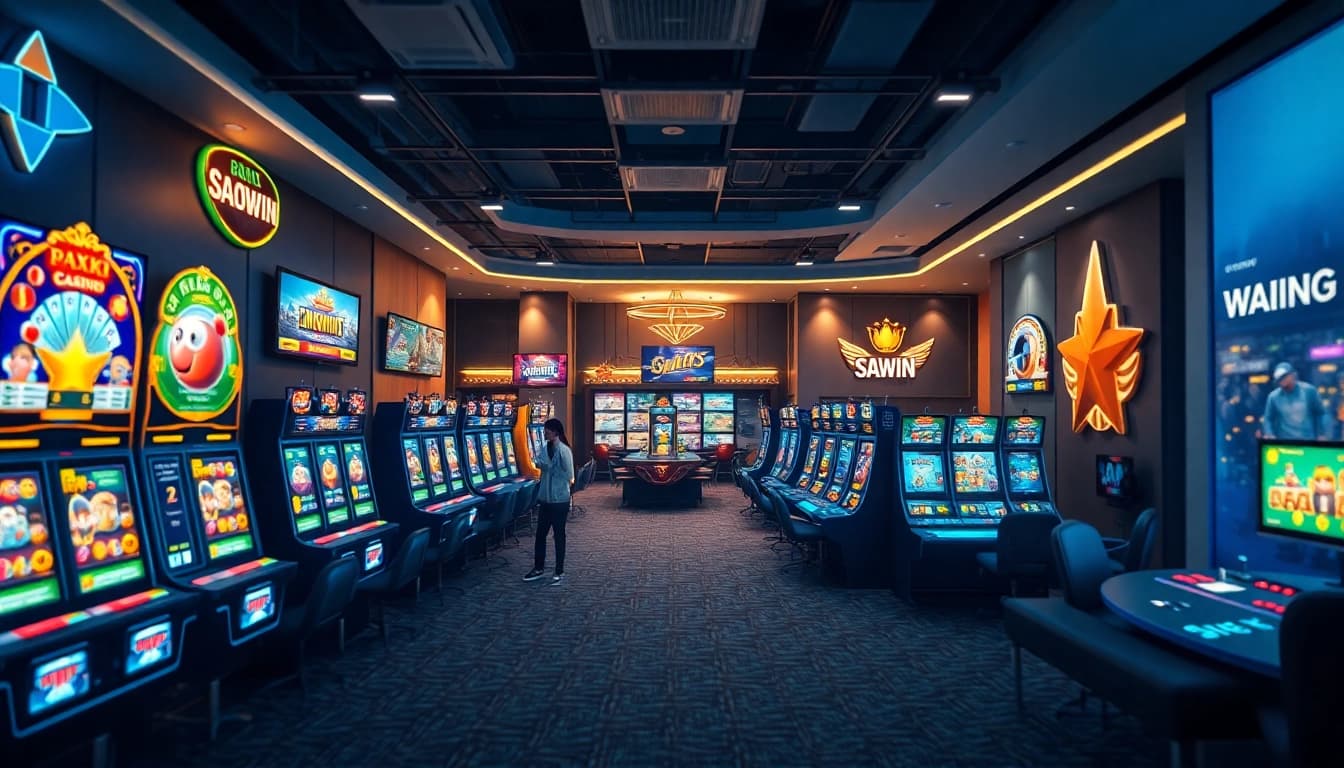 Giao diện nền tảng chơi game trực tuyến SAOWIN hấp dẫn với các trò chơi sôi động và người chia bài trực tiếp trong một casino ảo.