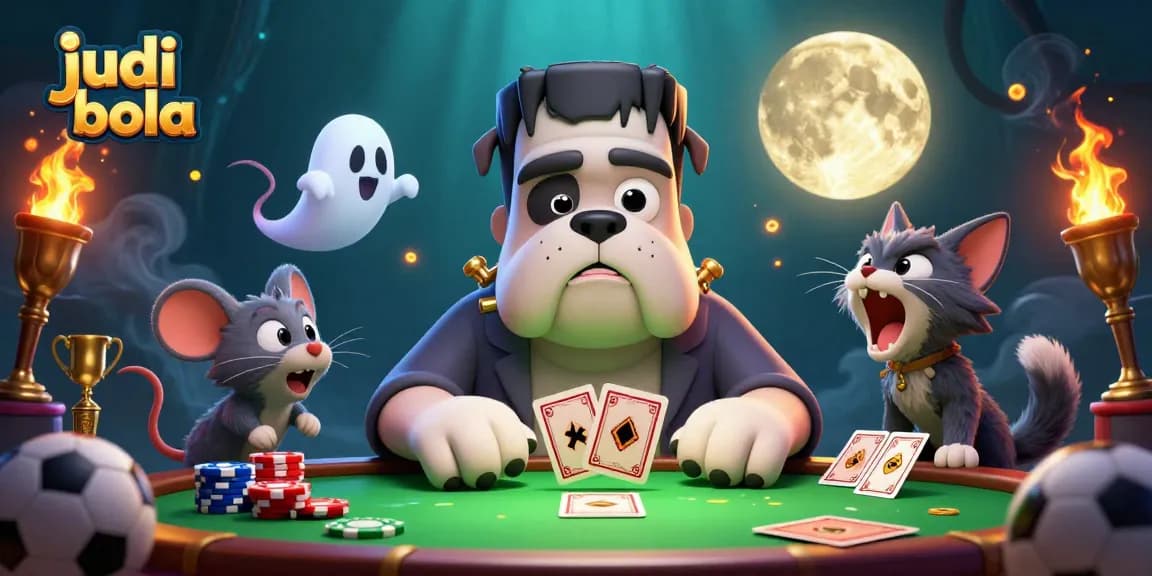Engage in judi bola with a colorful scene of characters including a Frankenstein bulldog and sports elements.