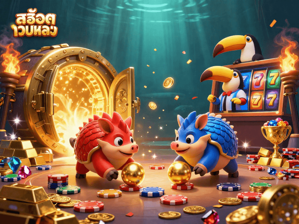 Engage in thrilling fun with สล็อตเว็บตรง as rival pangolins bowl through poker chips and treasures in a vibrant casino scene.