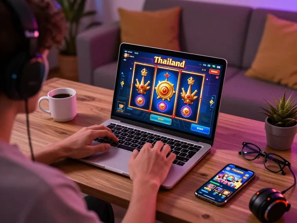 Engaging in a thrilling slot thailand game with laptop in cozy home setup