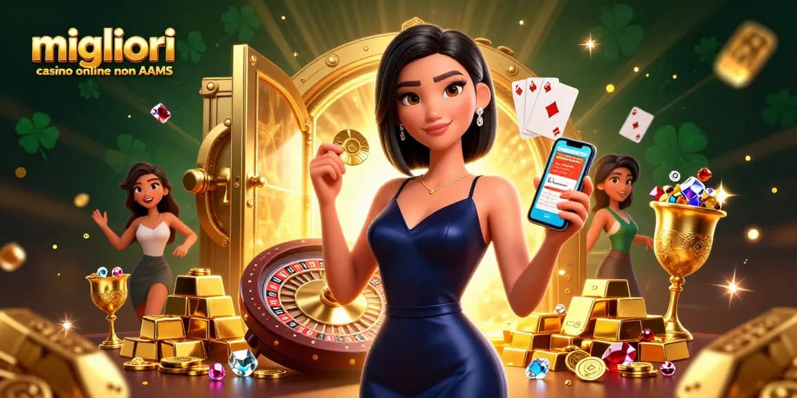 Interagisci con i migliori casino online non AAMS attraverso un'illustrazione 3D vibrante che cattura una donna sicura di sé mentre gode di un'esperienza di casinò moderna.