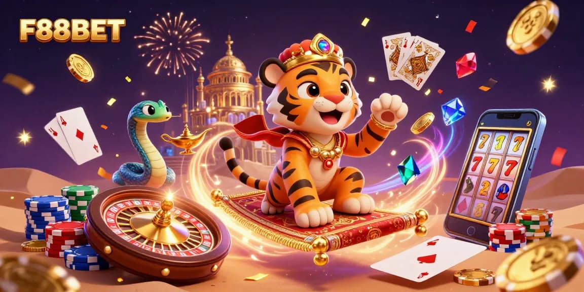 Win big with F88BET in this vibrant, dynamic casino-themed illustration featuring a sultan and magical elements.