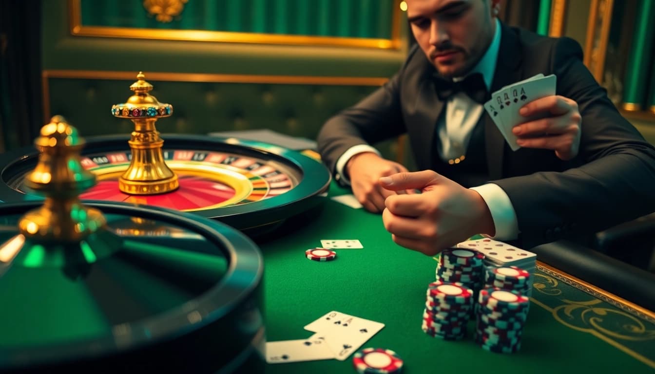 Vivez le frisson du casino en ligne argent réel avec une scène de jeu en ligne luxueuse mettant en vedette la roulette et le poker.
