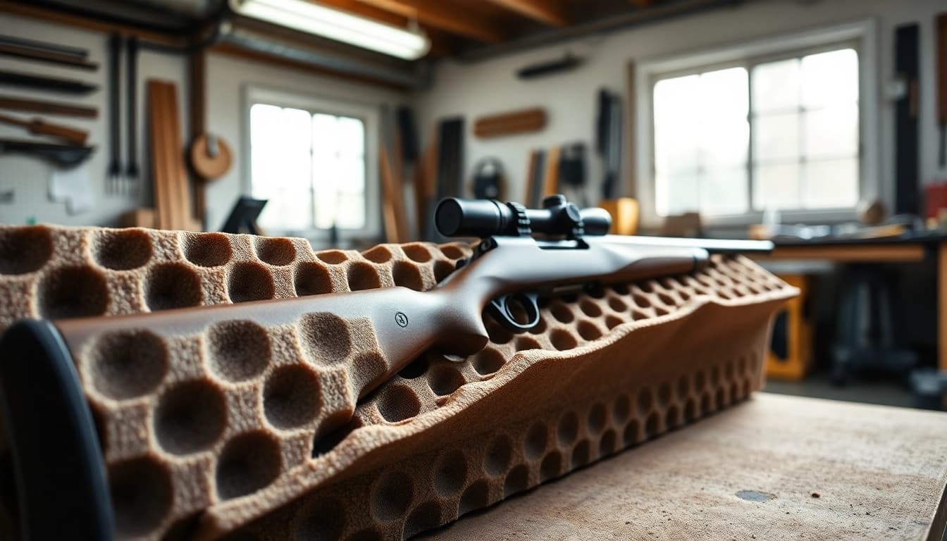 Secure foam for rifle case with custom fittings showcased in a workshop setting.